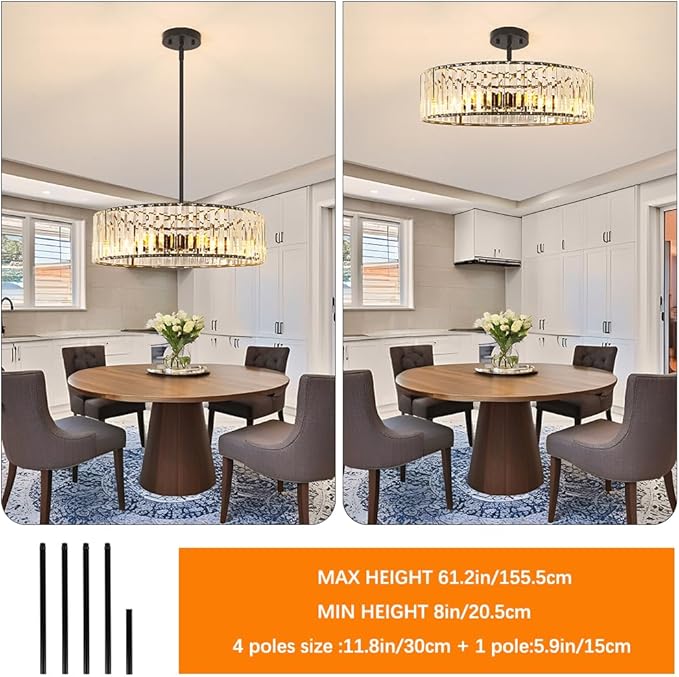 Modern Crystal Chandelier, 6-light Dinning Room Light Fixture, Round Pendant Light Kitchen Island, Black Hallway Light Fixture, Semi Flush Mount Ceiling for Living Room Entryway Bedroom Foyer, E26