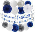 2025 Blue Class-Congratulations Prom Graduation Party-Decorations - 22pcs High School College Grad Supplies Decor,Royal Navy White Silver Tissue Pom Poms Streamers, Paper Flowers Lanterns Hugmoon