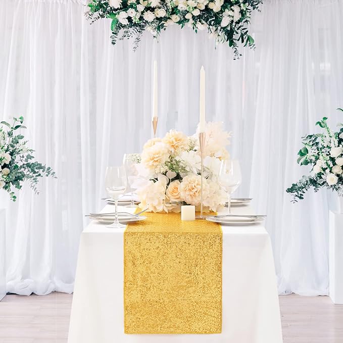 Gold Table Runners 10 Pieces 12x72 Inch Glitter Dining Table Runner Sequin Table Cover Runners for Party Wedding Birthday Bridal Shower Decorations