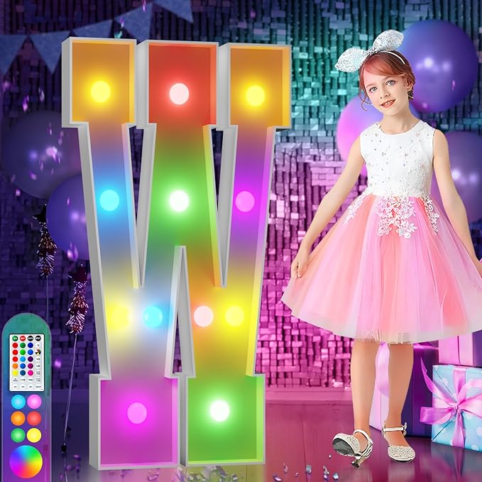 imprsv 4FT Colorful Marquee Light Up Letters W, 18 Colors Light Up Sign Alphabet Sign with Remote, One Letters First Birthday, Large Letters for Birthday Engagement Anniversary Wedding Party Decor