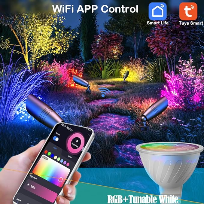 Smart RGB Low Voltage Landscape Lighting, 12V Color Changing Outdoor Spot Lights, Waterproof IP65 LED Garden Lights with App Control, Warm White to Multicolor, Uplight for Driveway (4Pack)