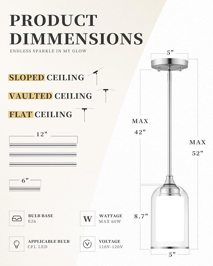 LIROUVET 2 Pack Pendant Light Fixtures, Modern Dual Glass Pendant Lights, Brushed Nickel Hanging Light with Clear and Milk Glass, Pendant Lights Kitchen Island for Dining Room PL02BN-2PK