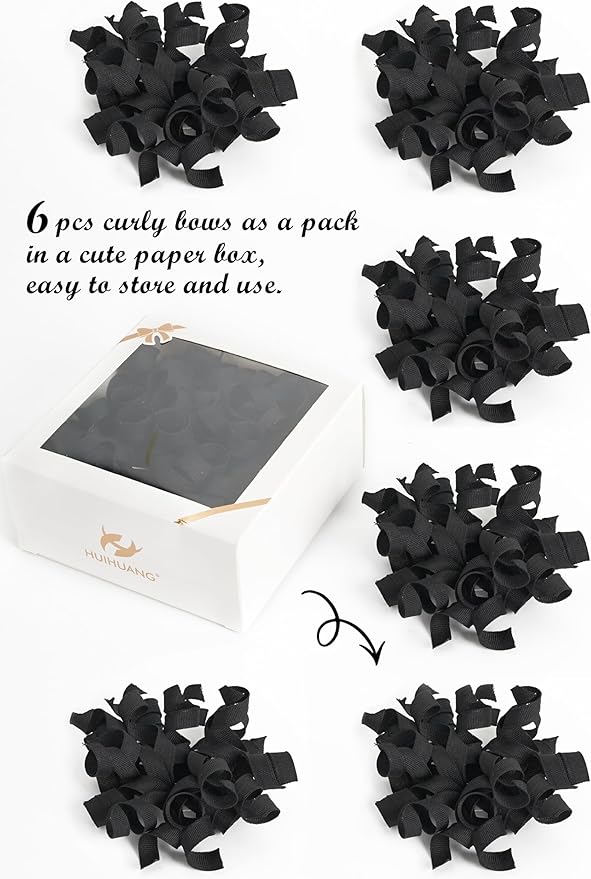 HUIHUANG Black Bows for Gift Wrapping, Black Curly Ribbon Bows Self Adhesive Burst Gift Bow for Christmas Presents, Wine Bottle, Treat Bags, Birthday, Holiday Party Favors - 6 Counts