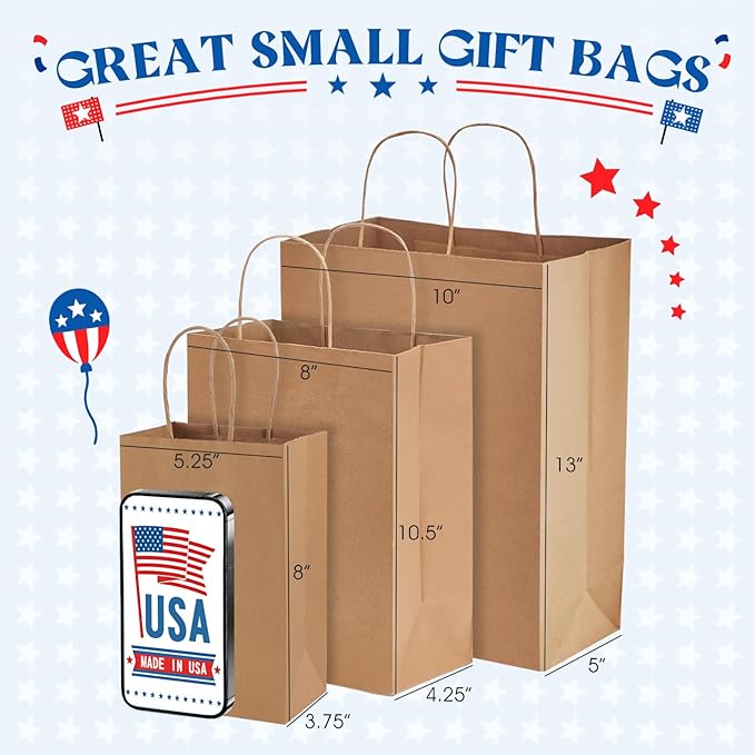 MESHA Gift Paper Bags 300 PACK 8x4.25x10.5'' Brown Medium Shopping Kraft Bags Bulk with Handles Reusable for Business,Grocery,Birthday,Wedding,Kids Party,Favors