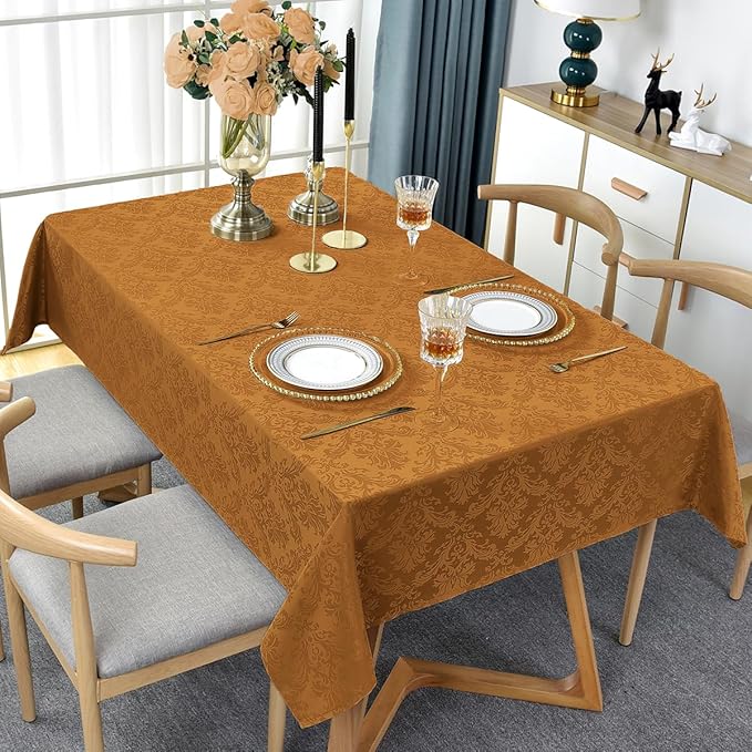 SASTYBALE Fall Tablecloth Rectangle 60 x 120 Inch, Spill Proof Wrinkle Free Autumn Jacquard Damask Table Cloth, Reusable Polyester Table Cover for Thanksgiving, Harvest, Holiday, Brown/Amber