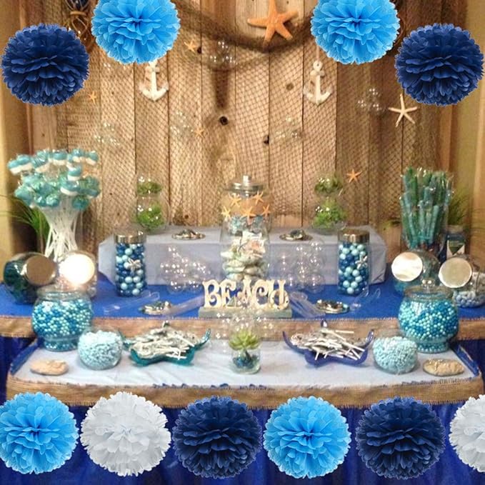Paper Flower Tissue Pom Poms Party Supplies (navy blue,turqoise blue,white,12pc)