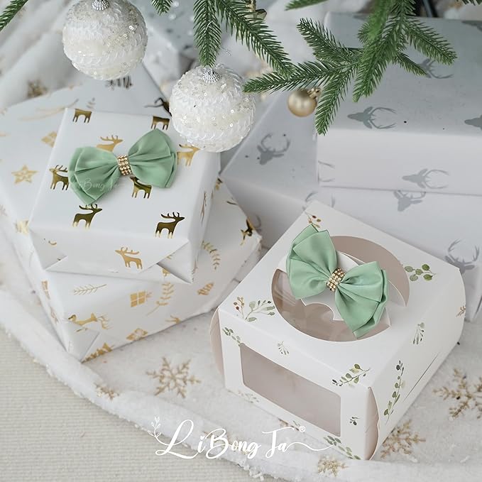 Moss Green Ribbon Bows 4'' Premade Satin Bow, Gift Bows with Rhinestone, Wrapping Bows for Presents, Greeting Cards, Treat Bags, Wine Bottles, Valentines Bows for Gift Wrapping-12 Counts