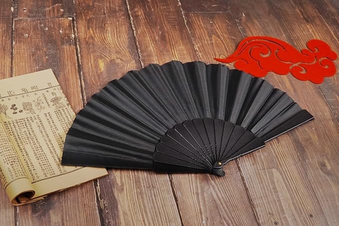 HUNANBANG 4 Pieces Folding Hand Fans Church Wedding Gift, Party Favors, DIY Decoration Gift Size9 Wholesale (Black 4pack)