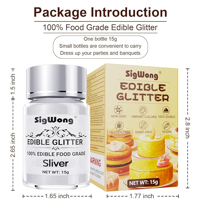 Silver Edible Glitter - 15g Food Grade Luster Dust Powder, Cake Decorating Sprinkle Glimmery Dust for Drinks, Wine, Fondant, Chocolate, Candy, Cookie, Vegan