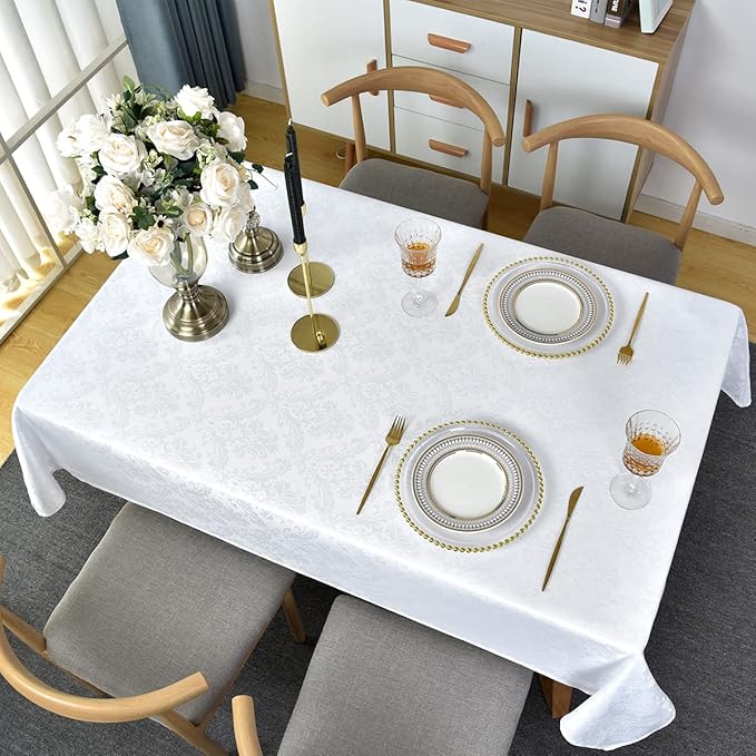 SASTYBALE White Tablecloth Square 52 x 52 Inch Jacquard Damask Table Cloth, Spill Proof Wrinkle Free Polyester Table Cloths, Washable Tables Cover for Kitchen Dining, Party, Indoor, Outdoor