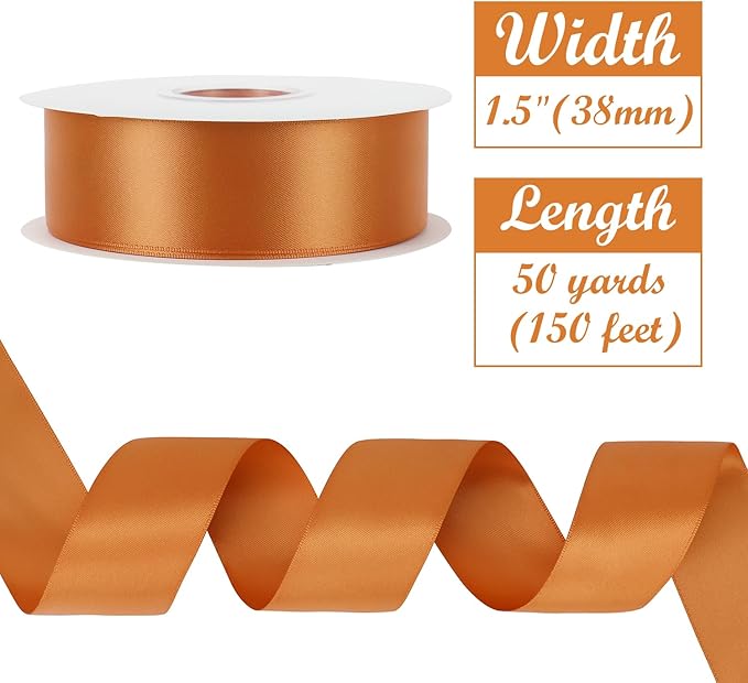 HUIHUANG Burnt Orange Ribbon 1-1/2 inch Double-Faced Satin Ribbon 50 Yards, Thick Fabric Ribbon for Flower Bouquets Gift Wrapping Crafts Bows Holiday Home Decor Wedding Bridal Shower Decoration