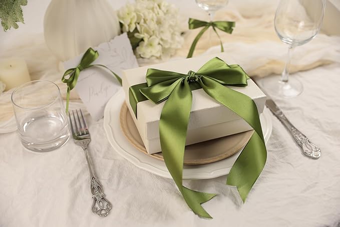 Olive Green Satin Ribbon 1-1/2 inch X Continuous 25 Yards, Single Face Polyester Ribbon Perfect for Gift Wrapping, Flower Bouquet, Wedding Decor, Crafts, Bow Making, Sewing and More
