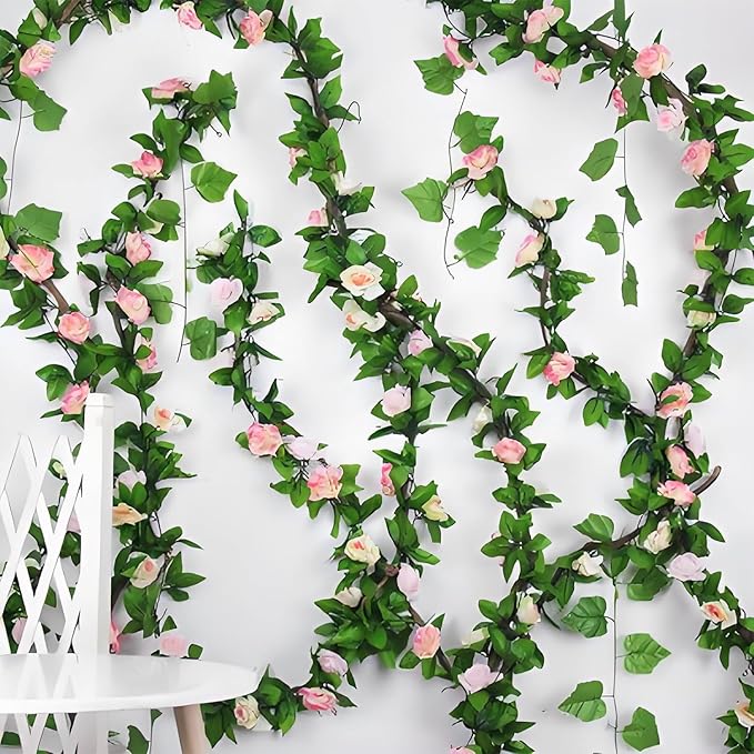 Musdoney 4Pcs 32.2 FT Fake Rose Vine Flowers Plants Artificial Flower Garland Hanging Rose Ivy Home Hotel Office Wedding Party Garden Craft Art Decor (Pink)