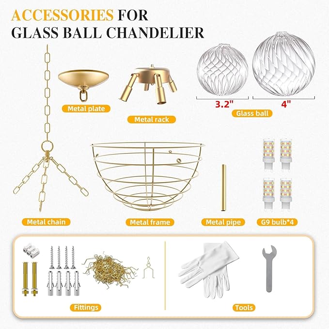 Nordic Bubble Ball Swirled Glass Chandelier, Dia 20 inch Gild Gold and Clear Blown Glass Small Pendant Light Fixture for Bedroom Study Restaurant
