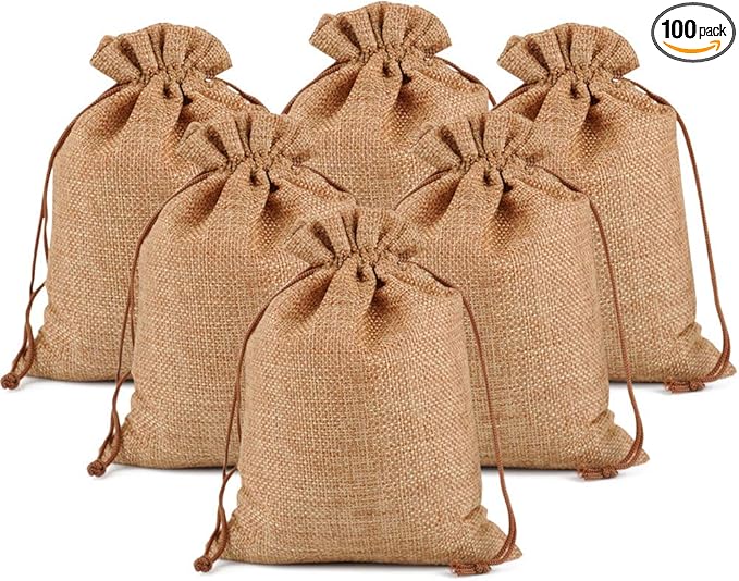 Lucky Monet 25/50/100PCS Burlap Gift Bags Wedding Hessian Jute Bags Linen Jewelry Pouches with Drawstring for Birthday, Party, Wedding Favors, Present, Art and DIY Craft (100Pcs, Coffee, 4” x 6”)