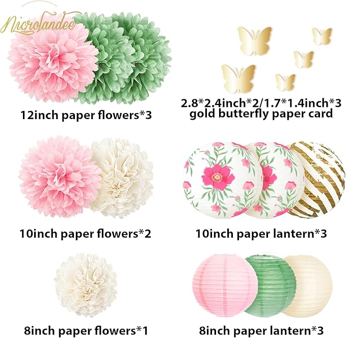 NICROLANDEE Wedding Party Decorations, 12 PCS Green Pink Blooms Paper Lanterns Tissue Pom Poms for Fairy Birthday Party Decorations, Foil Gold Butterfly Baby Bridal Shower Spring Easter Party Decor
