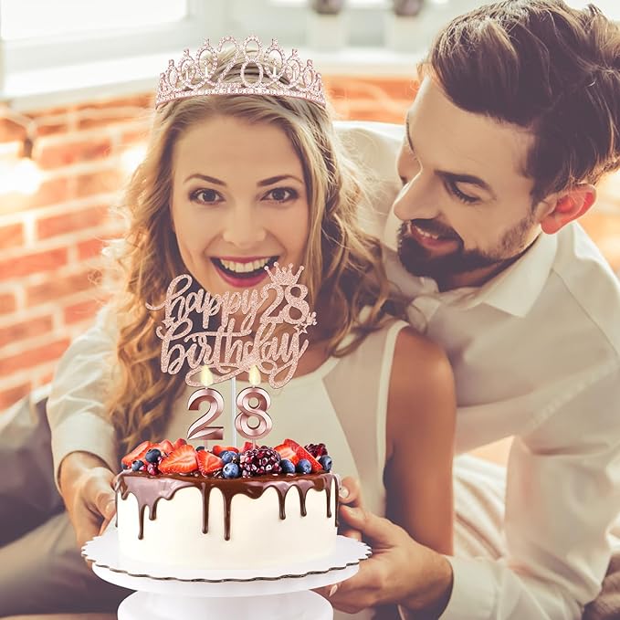 28th Birthday Decorations for Women with Birthday Sash and Tiara, Candles and Cake Topper, Gifts for 28 Year Old Woman