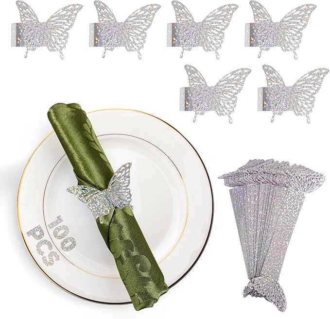 100 Pcs 3D Silver Iridescent Butterfly Napkin Rings Silverware Wraps Bands,Table Setup Sequined Wedding Valentines Day Event Party Supply Settings, Glossy Serviette Buckles Decoration(Silver)