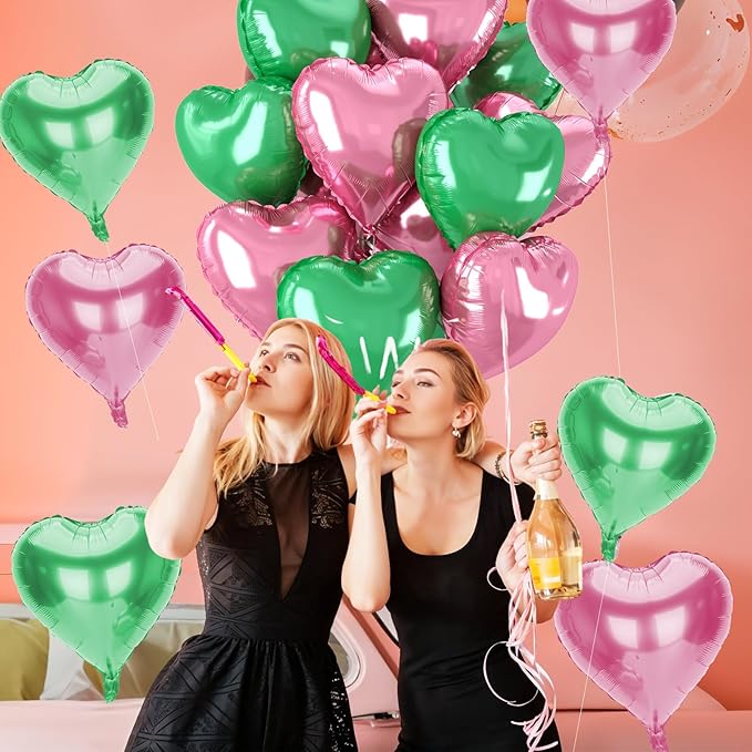 12 Pcs Heart Balloons, 18 inch Pink Green Heart Shaped Balloon, Big Helium Foil Pink Green Balloons for Wedding Baby Shower Anniversary Backdrop Valentine Witch Theme Party Decorations