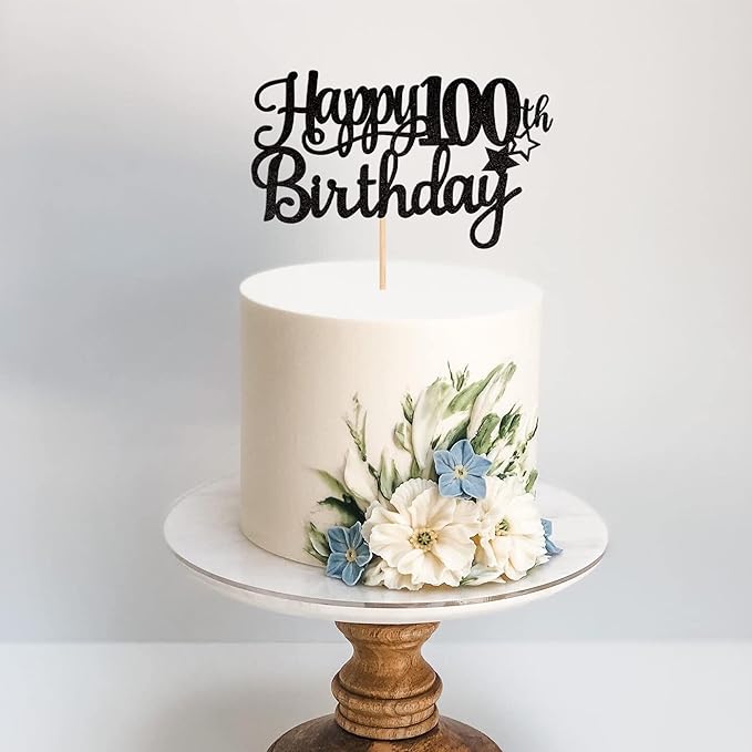 1 PCS Happy 100th Birthday Cake Topper Glitter Cheers to 100 Years Cake Pick 100 Fabulous Cake Decoration for 100th Birthday Party Decorations Supplies Black