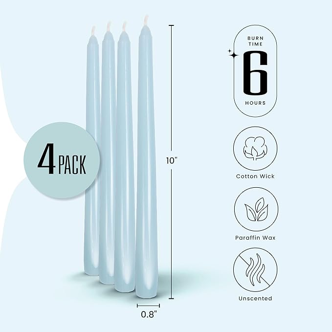 Leor & Lair Light Blue Taper Candles - 4 Pack 10" Light Blue Candlesticks - Unscented Candle Sticks for Winter Home Decor, Easter Dinner, Weddings, Restaurants & Events
