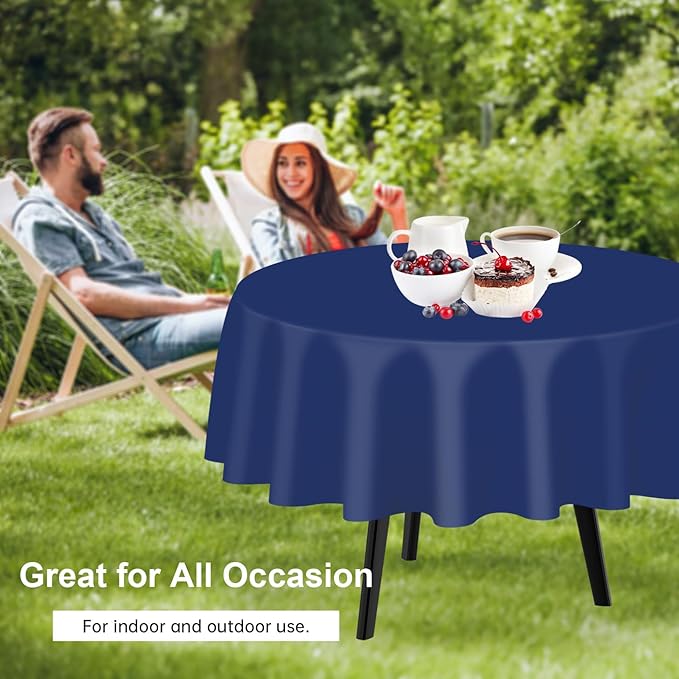 QIKSION Navy Blue Round Tablecloth 3 Pack, 84 Inch Plastic Table Cover Disposable for Parties