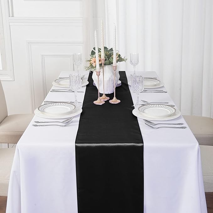 12Pack Table Runner 12 x 108 Inches Satin Silk Table Runner for Wedding, Birthday Party, Banquets, Graduations Decoration, fit Rectange and Round Table-Black