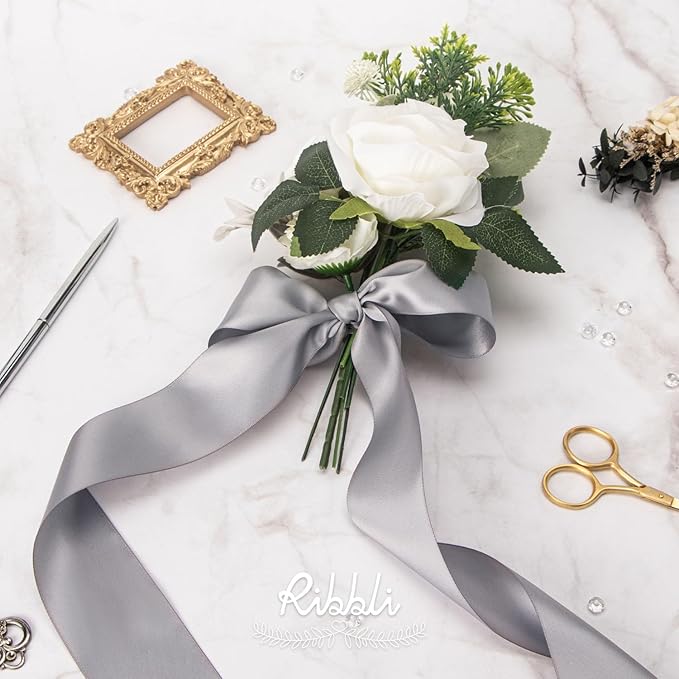Ribbli Silver Double Faced Satin Ribbon, 2” x Continuous 10 Yards,Use for Bows Bouquet,Gift Wrapping,Floral Arrangement,Wedding Decoration