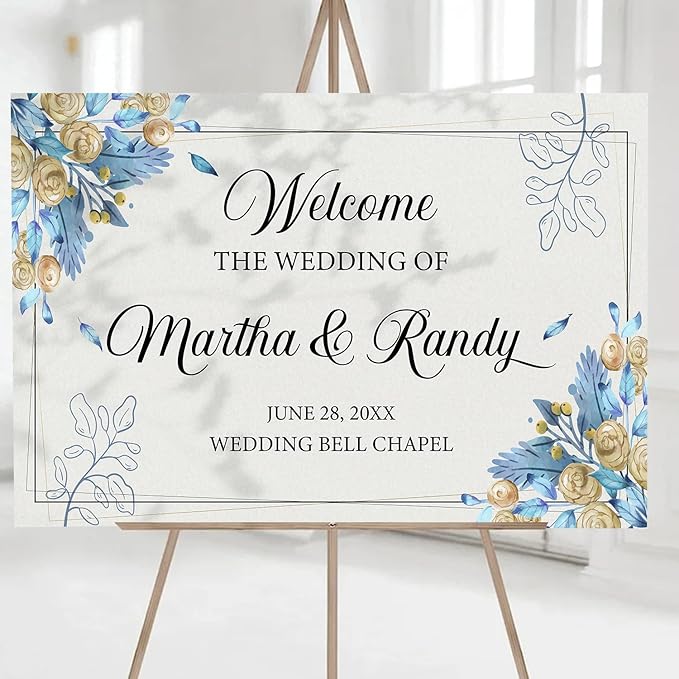 Editable Watercolor Wedding Welcome Sign, Boho Floral Template, Printable Blue Ceremony Decor, Minimalist Reception Signage
