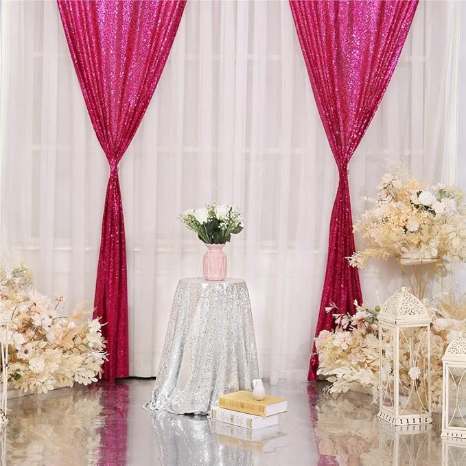 Eternal Beauty Hot Pink Sequin Backdrop Curtains, Shimmer Back Drop 4Panels-2FTx8FT for Christmas, Party, Birthday, Photography, Wedding, Baby Shower Event Decoration