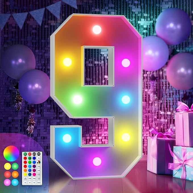 imprsv 3FT Colorful Marquee Numbers,18 Colors Number 9 with Remote, Light Up Numbers Sign for 3rd Birthday Decorations Anniversary Party Decor, Pre-Cut Foam Board Kit, Mosaic Sign for Balloon
