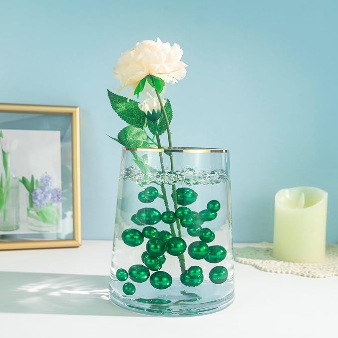 300Pcs Green Polished No Hole Faux Pearl Beads for Vase Filling Decorations, Plastic Pearls Vase Fillers, Table Scatters, Wedding Centerpiece, Home Decor, 8/14/20 mm