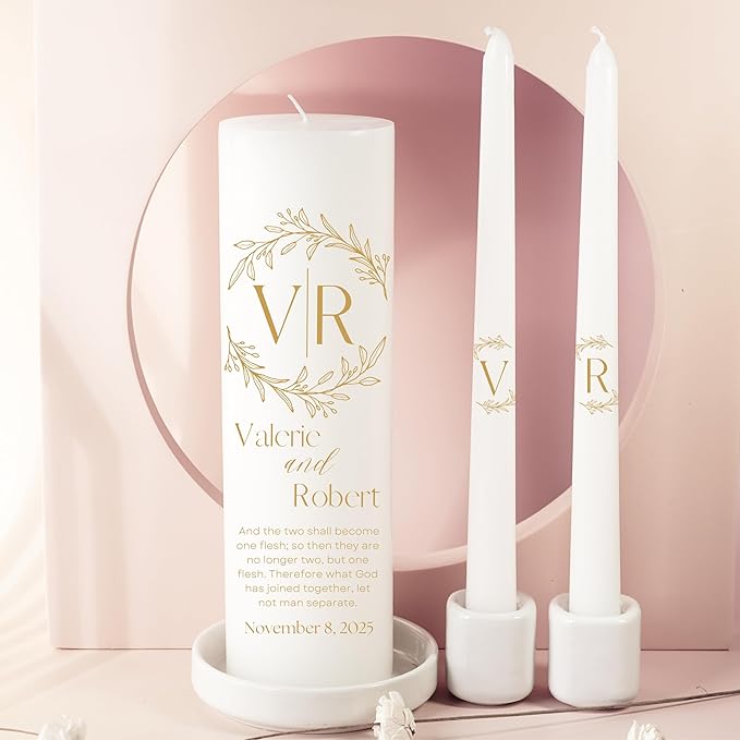 Unity Candles for Wedding, Modern Unity Set, Custom and Personalized Pillar and Taper Candles with Bible Quote, Unscented White Premium Wax, Religious and Wedding Ceremony, Special Events (Goldie)