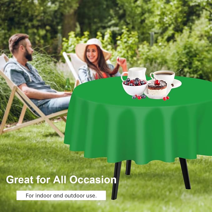 QIKSION Green Round Tablecloth 6 Pack, 84 Inch Plastic Table Cover Disposable for Parties