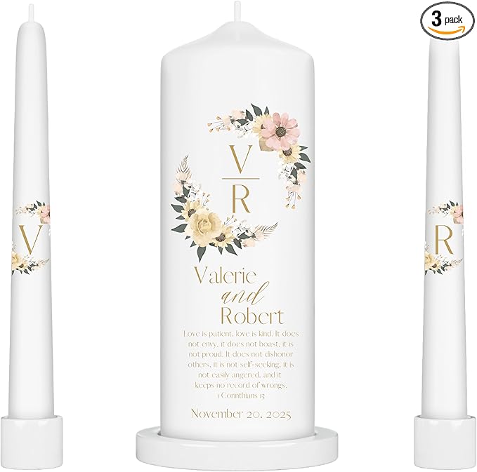 Unity Candles for Wedding, Modern Unity Set, Custom and Personalized Pillar and Taper Candles with Bible Quote, Unscented White Premium Wax, Religious and Wedding Ceremony, Special Events