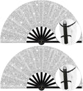 13" Large Folding Rave Fan with Holster, Clack Hand Fans Foldable for Line Dancing, Boots On The Ground Fan for Women Men Festival EDM Party Decoration, Glitter Silver 2 Pack