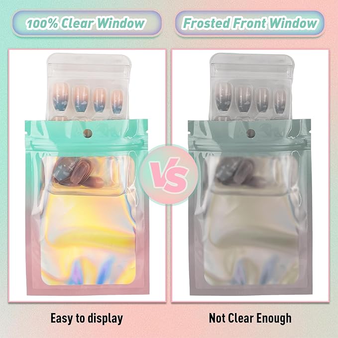 Funfery 100 Pack Gradient Holographic Bags,Mylar Resealable Bags with Zipper,Clear Window Packaging Pouchs,Smell Proof Foil Bag for Food Storage,Sample Jewelry Baggies(4.7×7In,Green Pink)