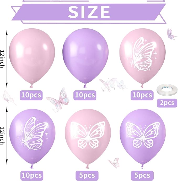 Maca Pink Purple Butterfly Printed Balloons - 52 PCS 12 Inch, Perfect for Baby Shower, Girls' Birthday Parties, or Wedding Decorations