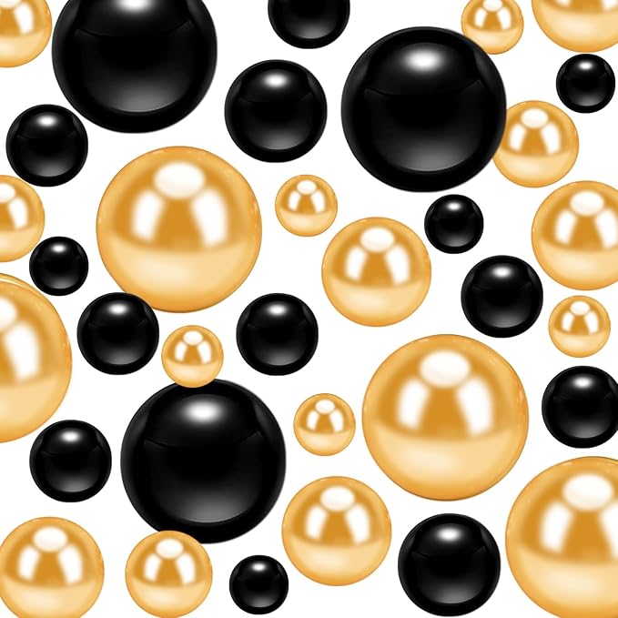 300Pcs Pearl Vase Filler, Black Gold No Hole Faux Pearl Beads for Centerpieces Vases, Candle Centerpieces, Wedding Birthday Party Home Decor 8/10/14/20mm