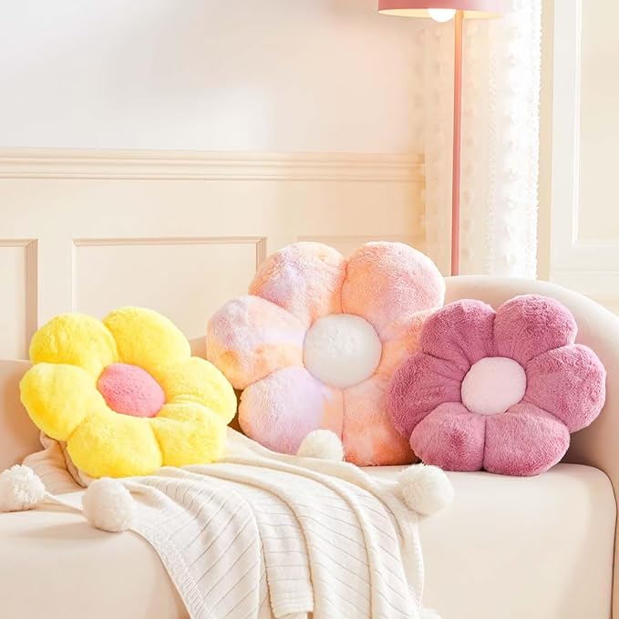 Yellow Flower Plush Throw Pillow, Cute Decorative Flower Shaped with Faux Rabbit Fur, 19.6" Soft Plush Floor Pillow for Bedroom Living Room
