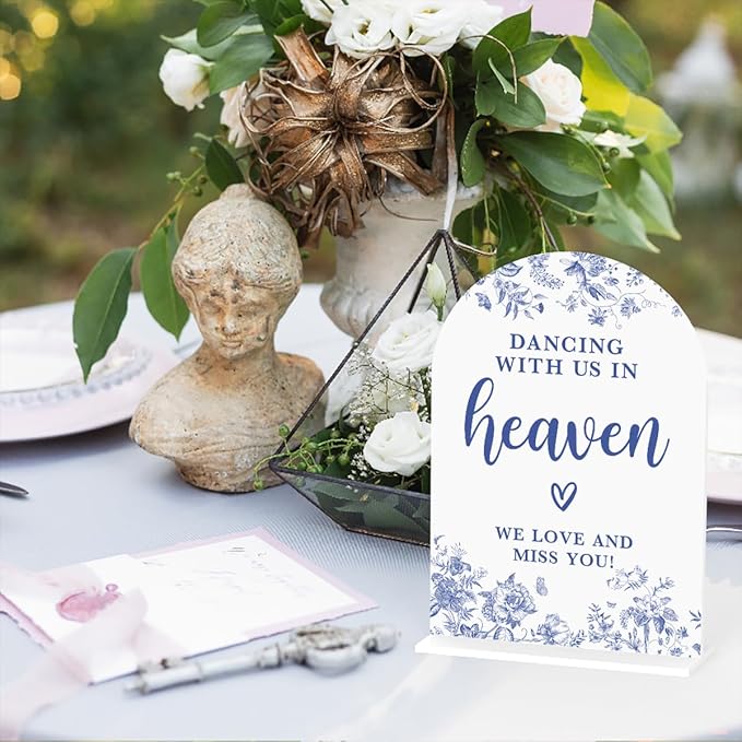 Acrylic Wedding Signs, Dusty Blue Wedding Decor, Blue Weddings Decor, Modern Calligraphy Arch Acrylic Table Top Sign for Weddings Parties Dinners - Dancing With Us in Heaven (White)