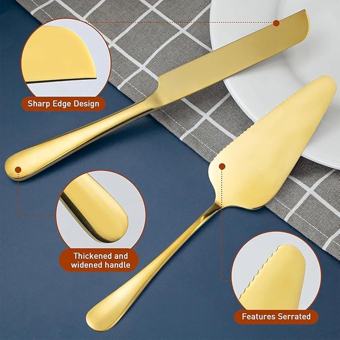 Elegant Gold Cake Cutting Set - 2 Piece Stainless Steel Knife and Server for Weddings, Birthdays, Anniversaries, and Celebrations - Gift for Bridal Showers and Cake Table Decorations