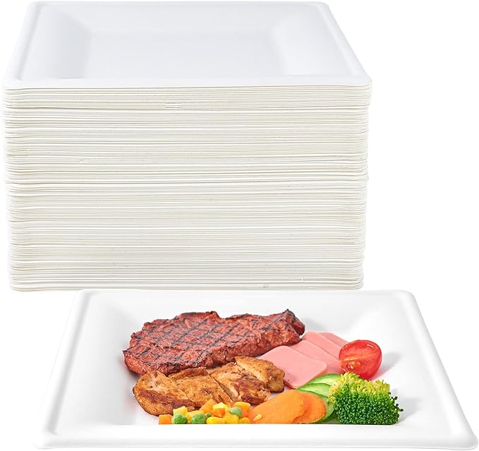 ECOLipak 150 Pieces Compostable Square Paper Plates, 10 inch Heavy Duty Disposable Plates, Eco-friendly Biodegradable Sugarcane Bagasse Plates for Party Dinner Birthday