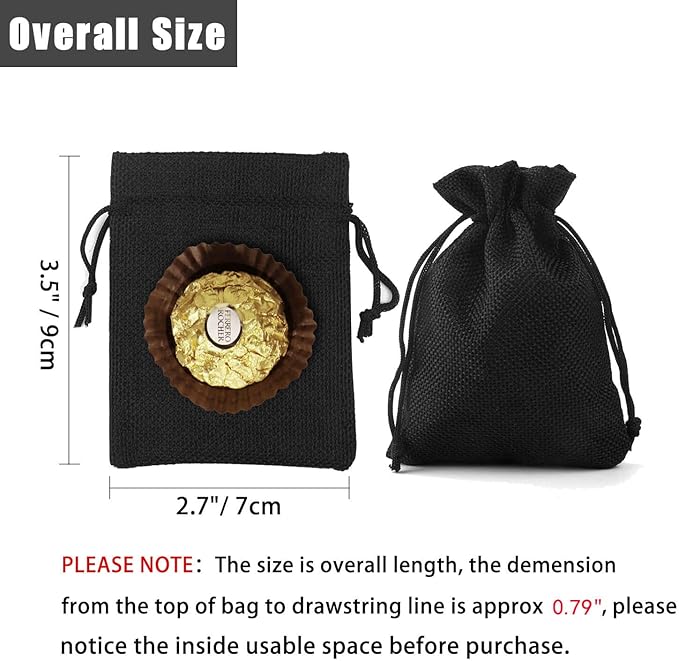 20Pcs Black Burlap Gift Bags With Drawstring 2.7x3.5 Inch, Linen Halloween Candy Jewelry Jute Sack for Wedding Party Favor