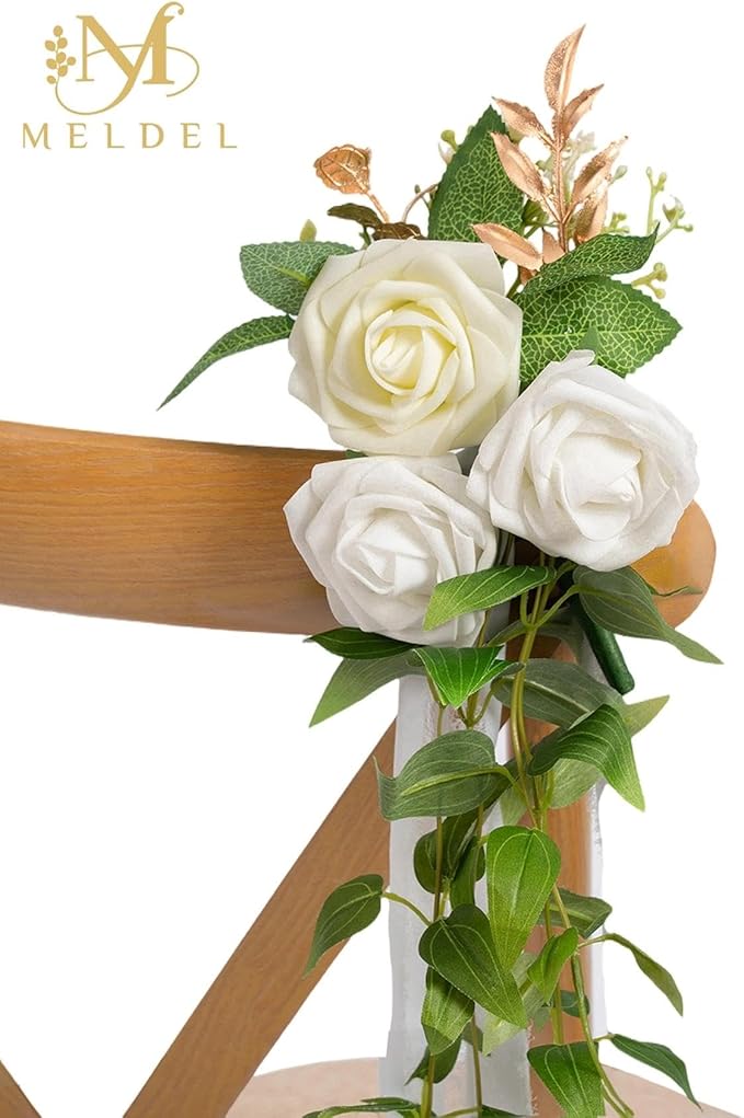 Meldel Wedding Chair Decorations Aisle Floral Set of 10 Artificial Flowers Ivory White Rose Garland with Hanging Ribbions for Ceremony Reception Church Arrangement Party Wedding Pew Decor Flower