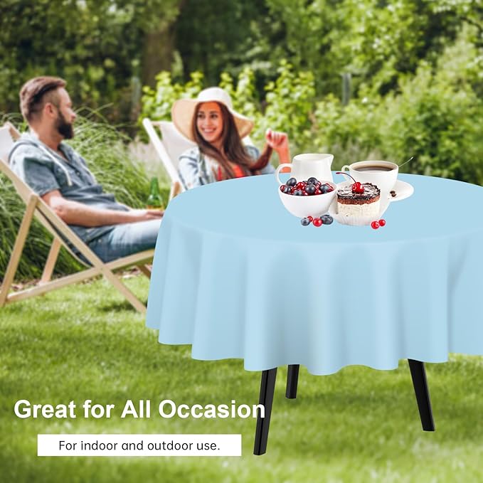 QIKSION Light Blue Round Tablecloth 2 Pack, 84 Inch Plastic Table Cover Disposable for Parties