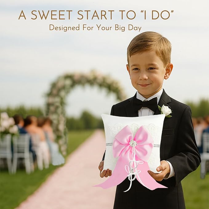Wedding Ring Bearer Pillow: 8.2 x 8.2 Inch Ivory Satin Lace Cushion with Pink Pearl Bow for Ceremony Vows - Secure Ring Holder for Flower Boy or Girl (Pink – 2 Pack)