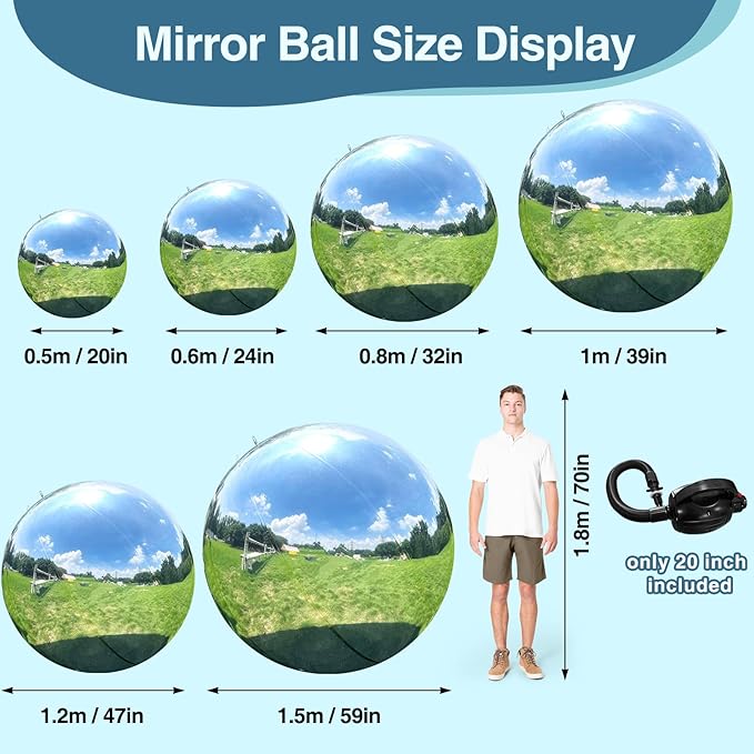 Inflatable Mirror Ball, Silver Big Shinny Balls Reusable Large PVC Disco Ball Balloon for Large Event Decoration, Party, Wedding Decor, Concerts, Stage (1 Pcs, 0.6m/23.6in Without Air Pump)
