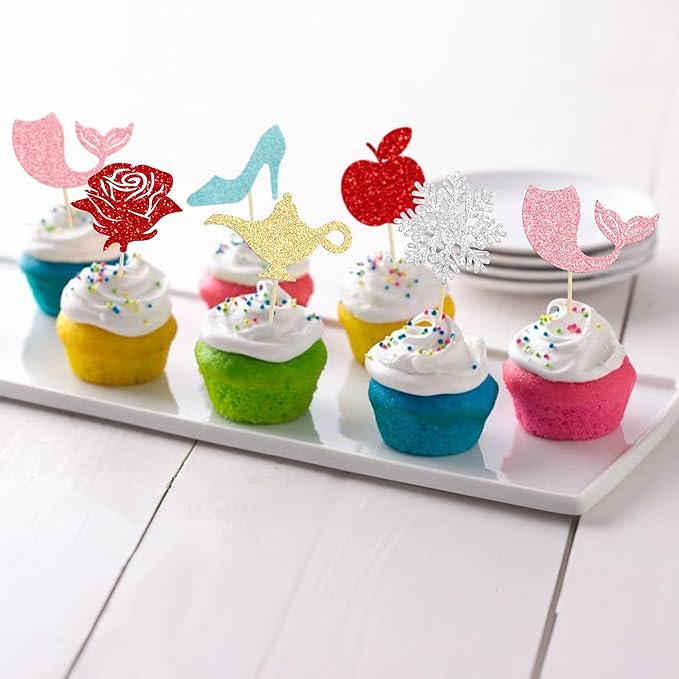 Gyufise 24Pcs Princess Symbol Cupcake Toppers Apple Mermaid High Heel Snowflake Rose Cupcake Picks for Girl Birthday Baby Shower Party Decorations