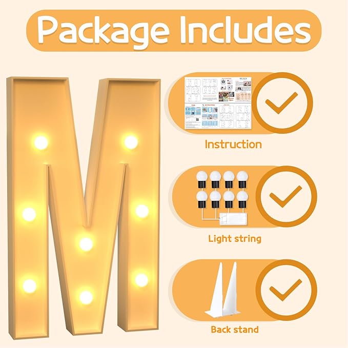 Marquee Letters 3 Feet Tall Large Light Up Letters M Wedding Mr and Mrs Sign Marry Me Engagement Party Decor Yellow Light Birthday Decorations Balloon Arch Kit Foam Sign M